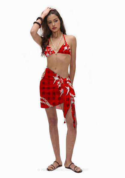 Red Plaid Silver Star Chain Y2K Print Bikini Set Cherrykitten