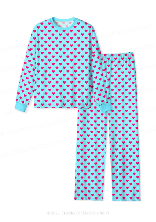Pink Heart On Blue Valentine's Day Y2K Print Long Sleeve Pajama Set Cherrykitten