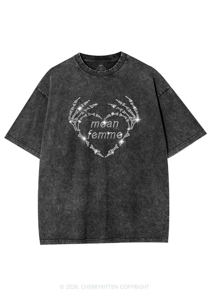 Rhinestone Mean Femme Skeleton Heart Pride Y2K Shirts Washed Tee Cherrykitten
