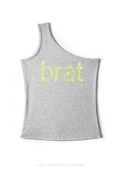 Rhinestone Green Brat Y2K One Shoulder Tank Top Cherrykitten