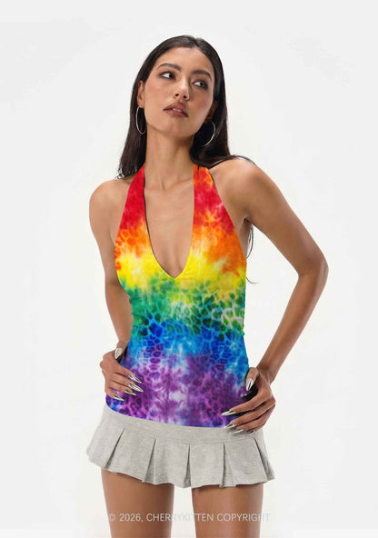 Rainbow Leopard Tie Dye Pride Y2K Print Halter Deep V Neck Cami Cherrykitten