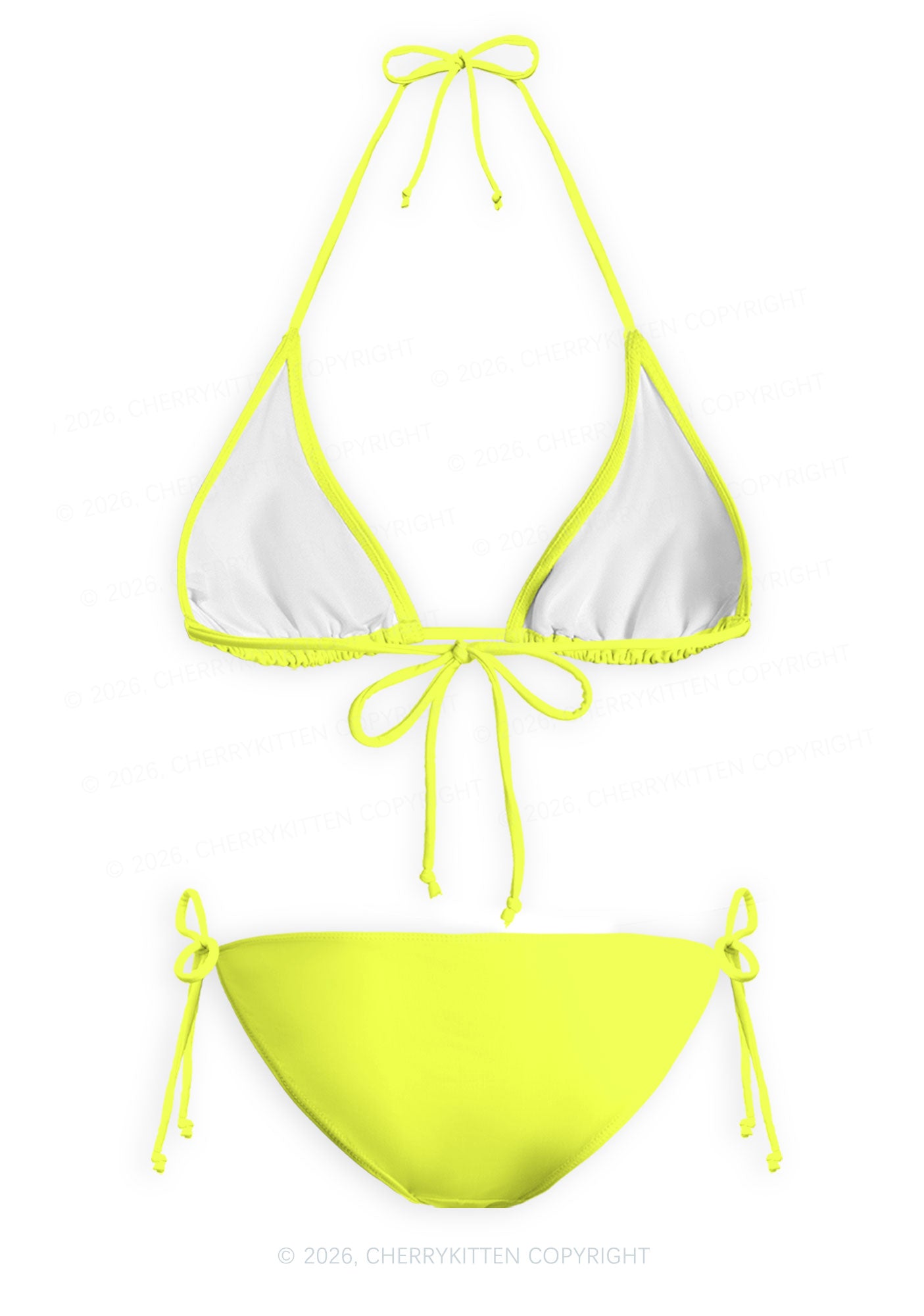 Lime Yellow Plain Y2K Print Bikini Set Cherrykitten