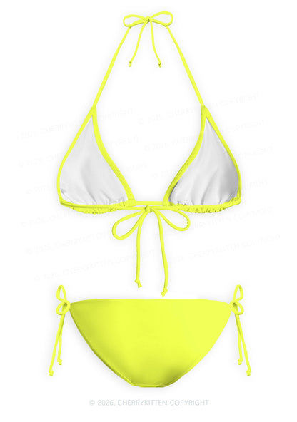 Lime Yellow Plain Y2K Print Bikini Set Cherrykitten