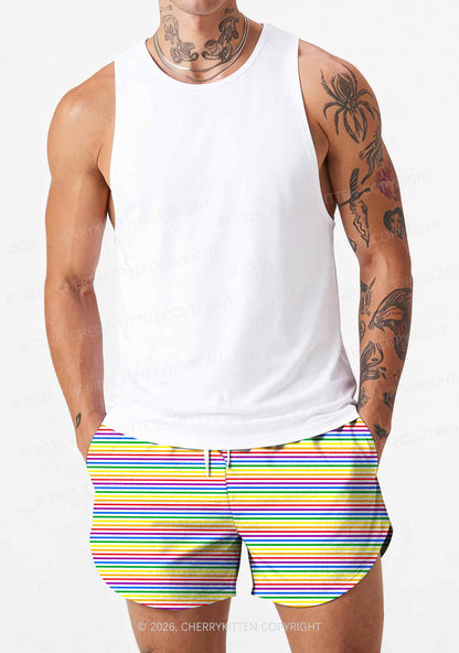Rainbow Stripes Pride Y2K Print Men Beach Shorts Cherrykitten