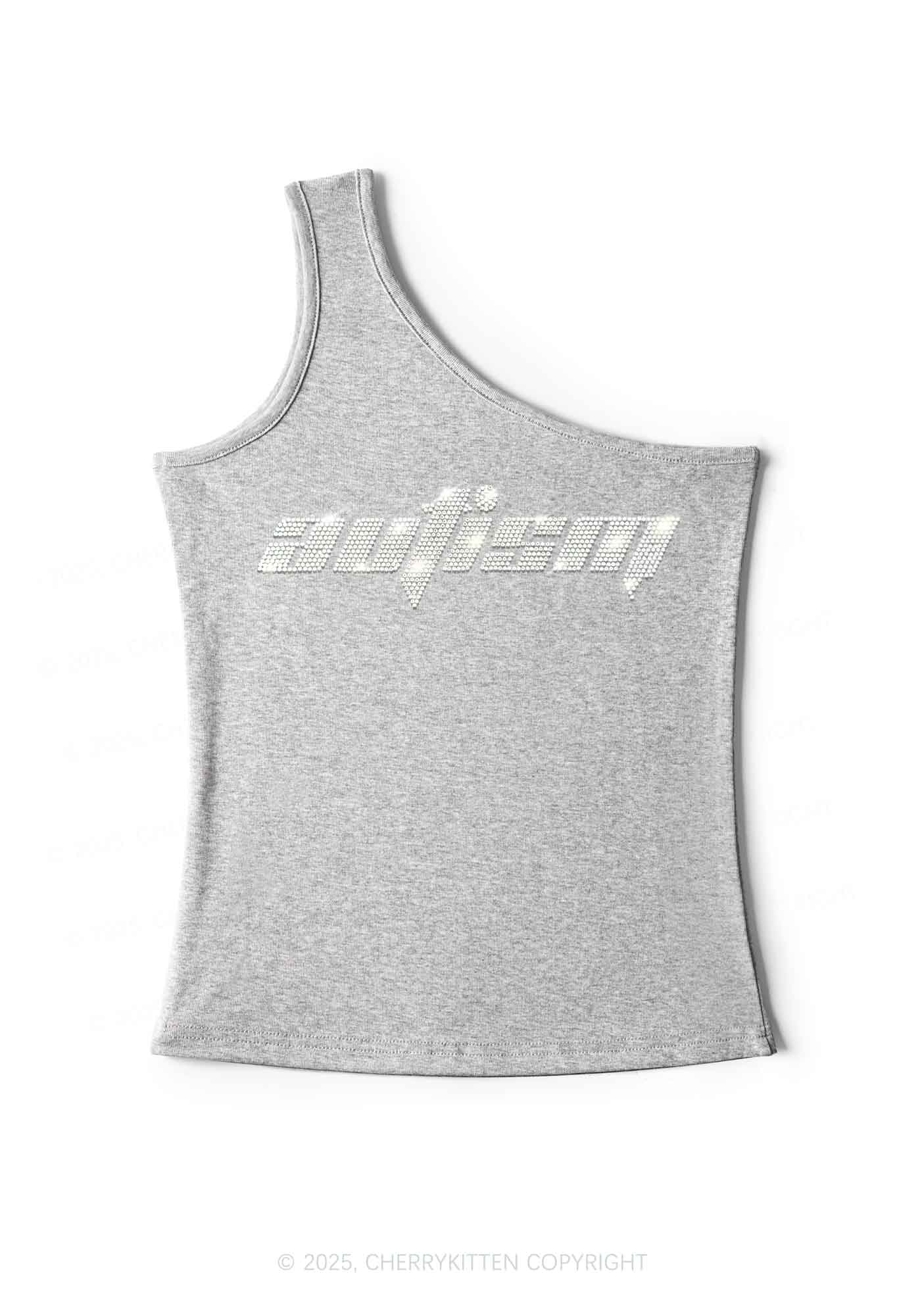 Rhinestone Autism Y2K One Shoulder Tank Top Cherrykitten