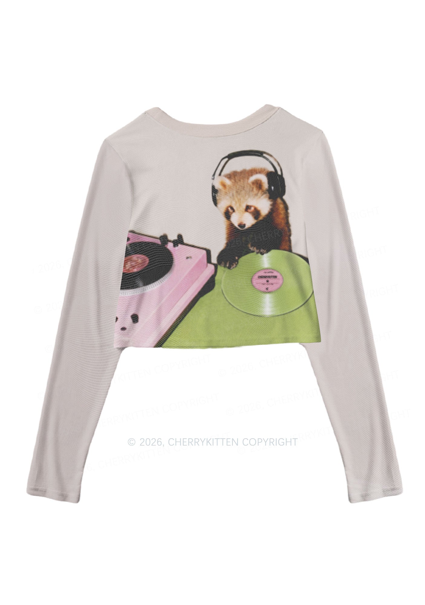 Red Panda DJ Y2K Mesh Long Sleeve Crop Top Cherrykitten