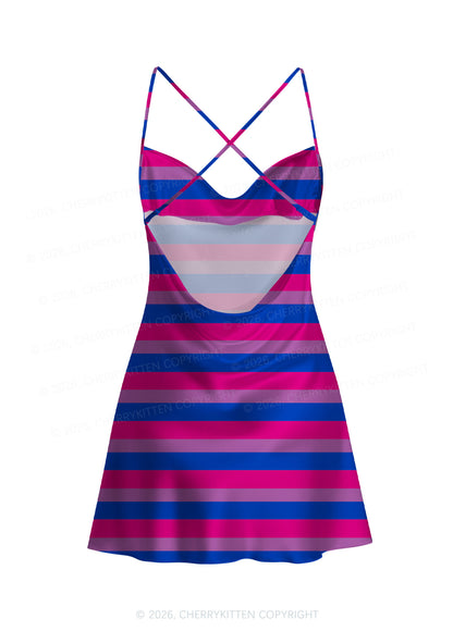 Bisexual Stripes Pride Y2K Print Satin Cowl Neck Slip Dress Cherrykitten