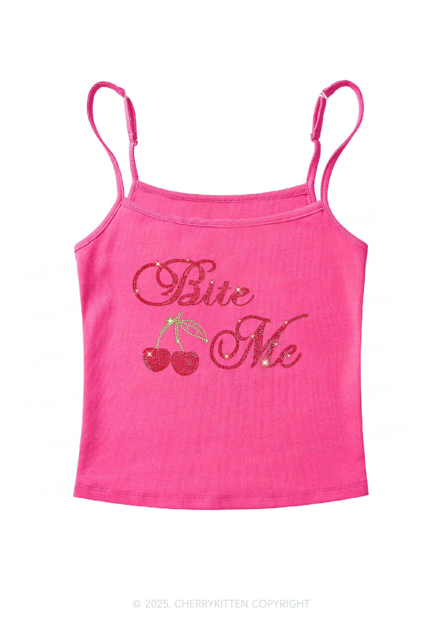 Rhinestone Red Cherry Bite Me Y2K Spaghetti Strap Cami Cherrykitten