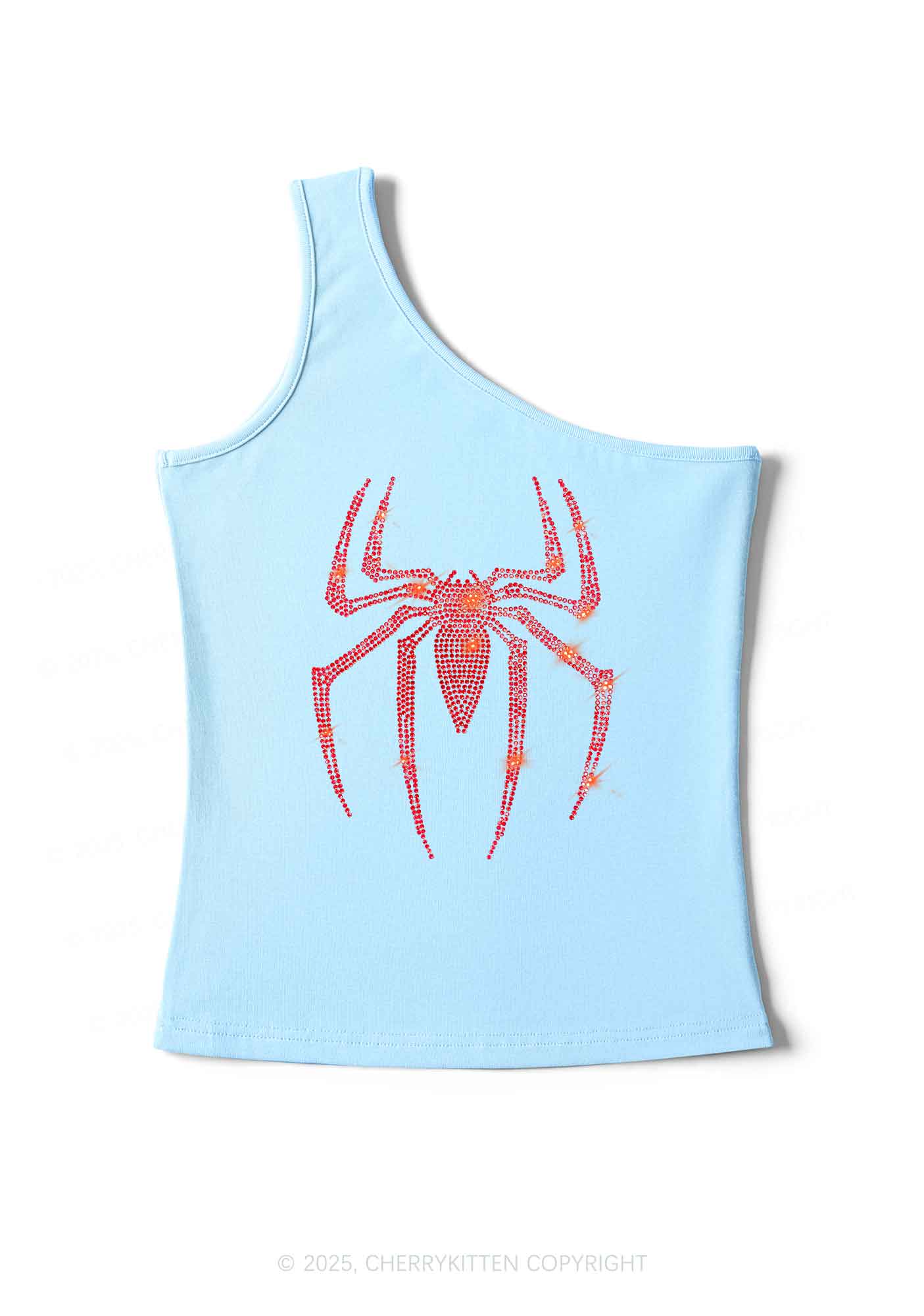 Rhinestone Red Spider Y2K One Shoulder Tank Top Cherrykitten