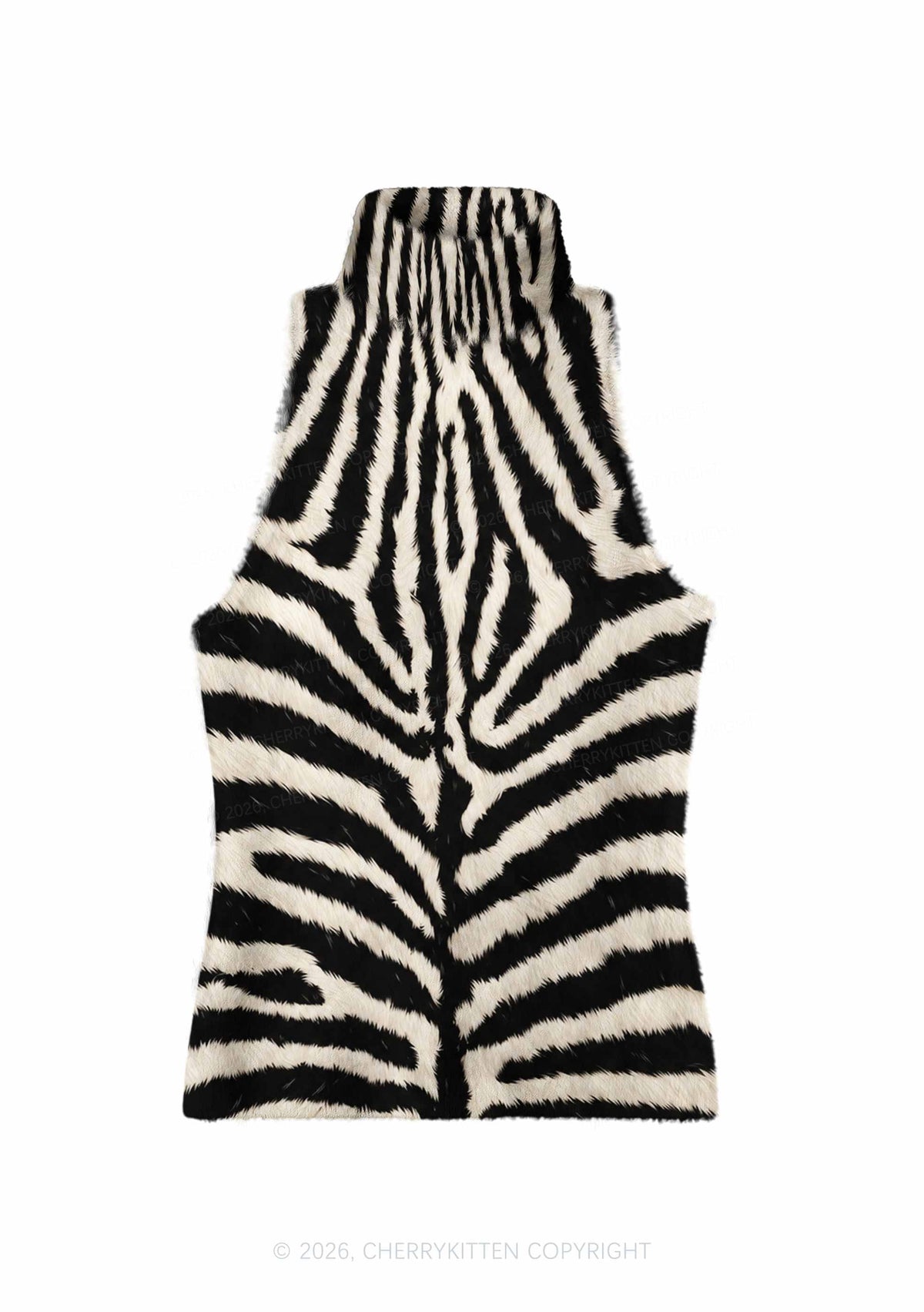 Black And White Zebra Striped Y2K Knit Turtleneck Tank Top Cherrykitten