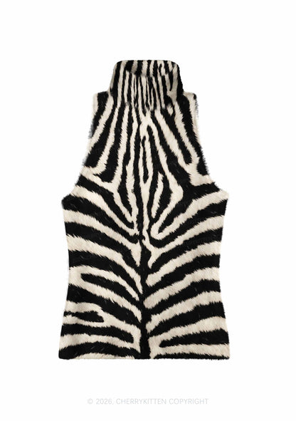 Black And White Zebra Striped Y2K Knit Turtleneck Tank Top Cherrykitten