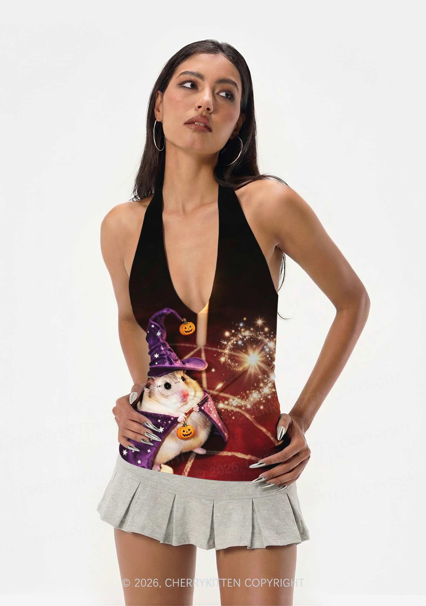 Halloween Wizard Hamster Y2K Print Halter Deep V Neck Cami Cherrykitten