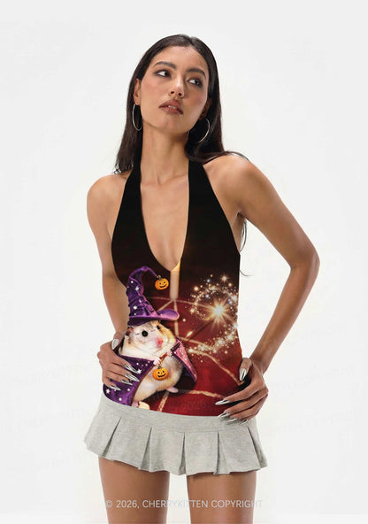 Halloween Wizard Hamster Y2K Print Halter Deep V Neck Cami Cherrykitten