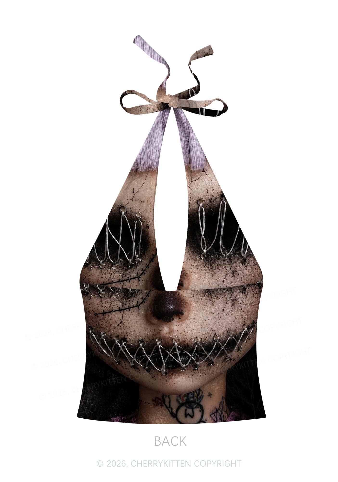Halloween Metal Wire Face Y2K Print Halter Deep V Neck Cami Cherrykitten