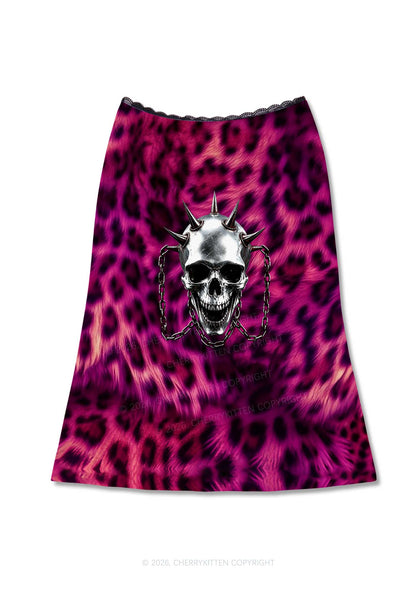Halloween Spiked Skull Leopard Y2K Print Midi Skirt Cherrykitten