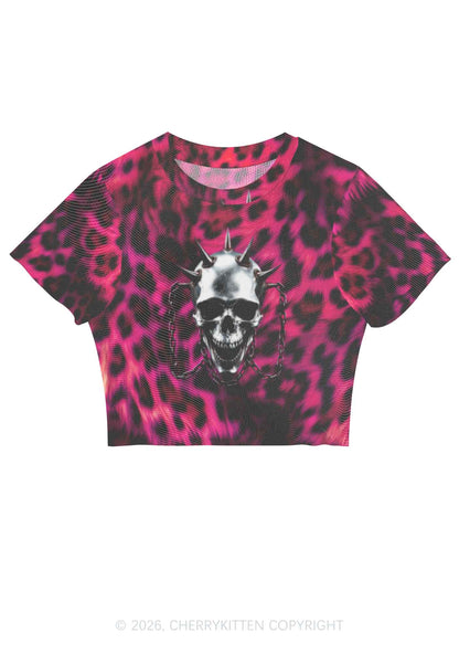 Halloween Spiked Skull Leopard Y2K Mesh Crop Top Cherrykitten