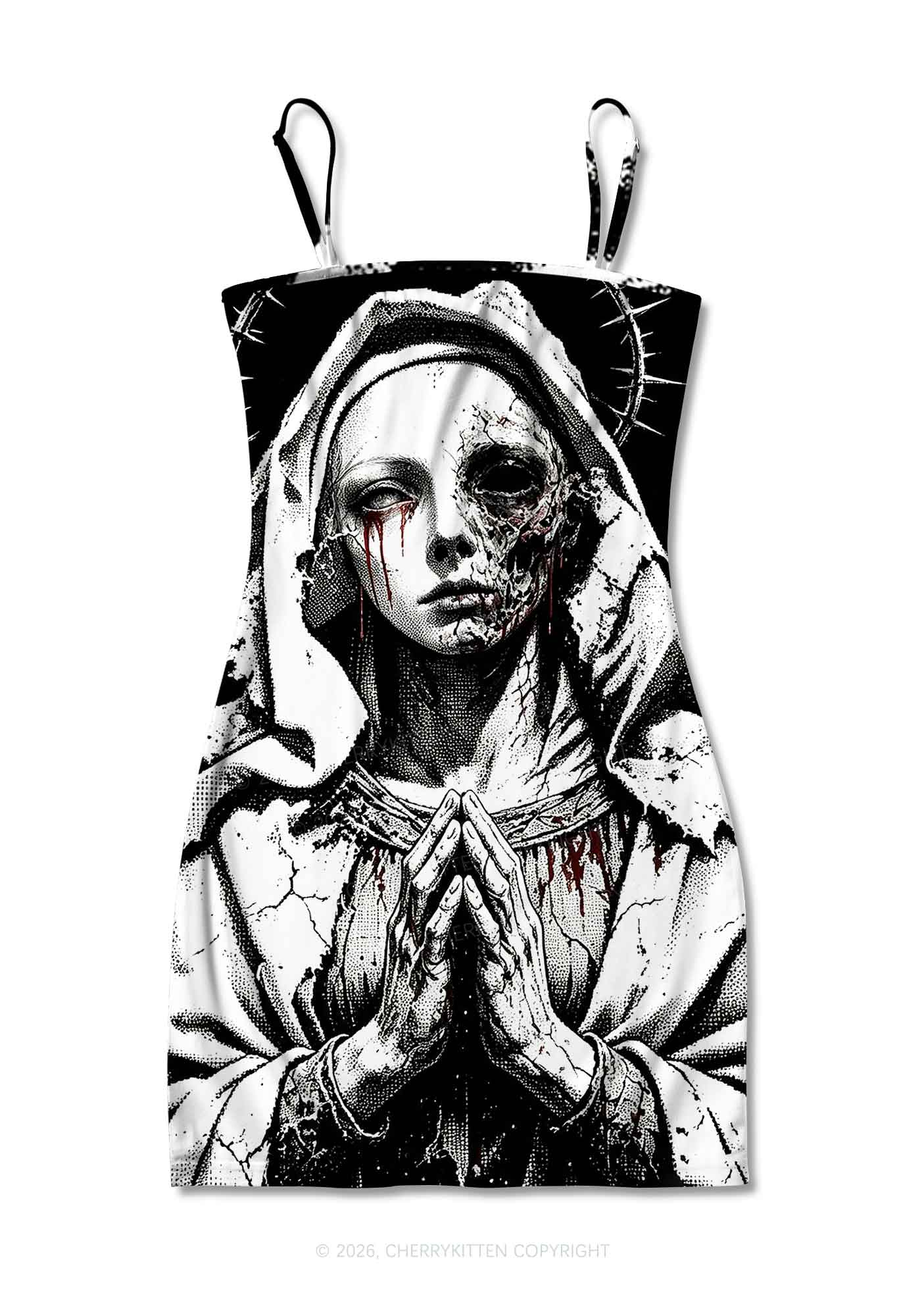 Halloween Decaying Prayer Figure Y2K Print Slip Dress Cherrykitten