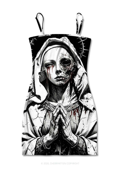 Halloween Decaying Prayer Figure Y2K Print Slip Dress Cherrykitten