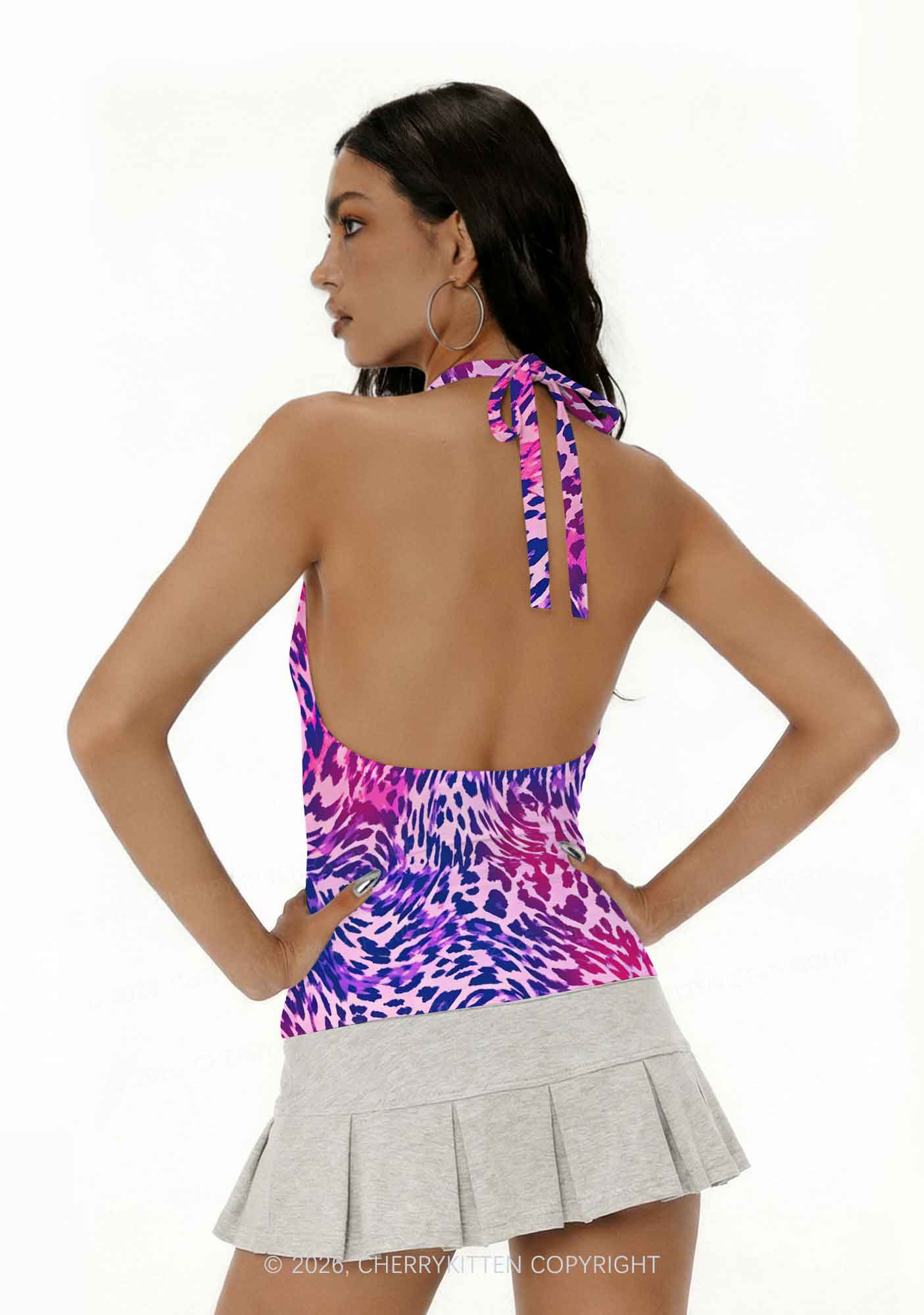 Bisexual Leopard Pride Y2K Print Halter Deep V Neck Cami Cherrykitten