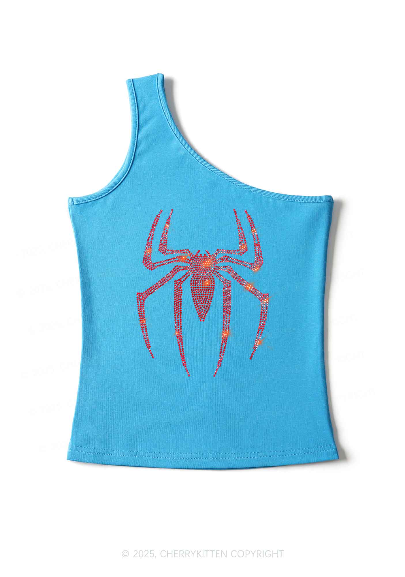 Rhinestone Red Spider Y2K One Shoulder Tank Top Cherrykitten
