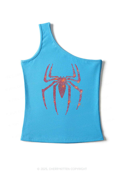 Rhinestone Red Spider Y2K One Shoulder Tank Top Cherrykitten