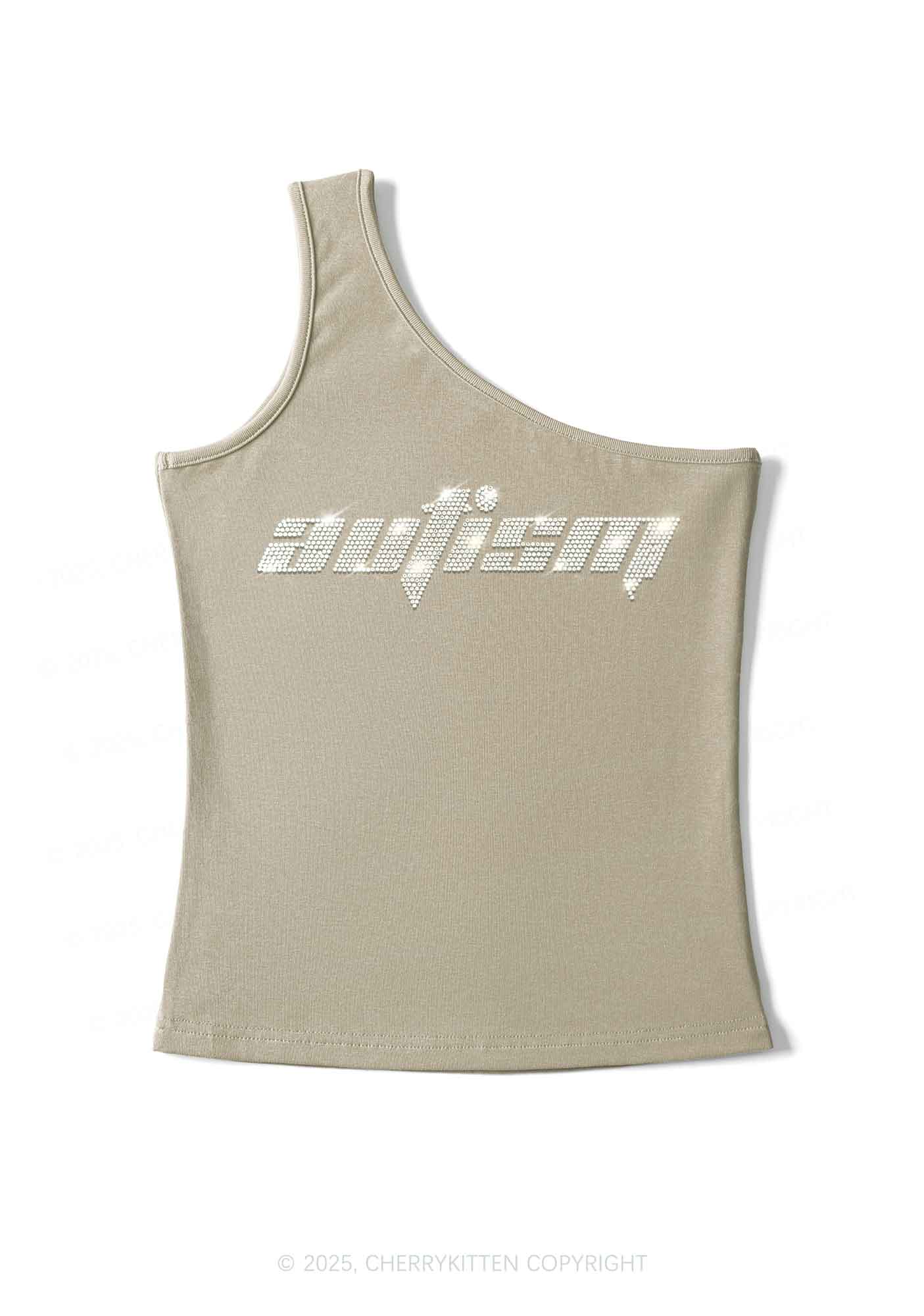 Rhinestone Autism Y2K One Shoulder Tank Top Cherrykitten