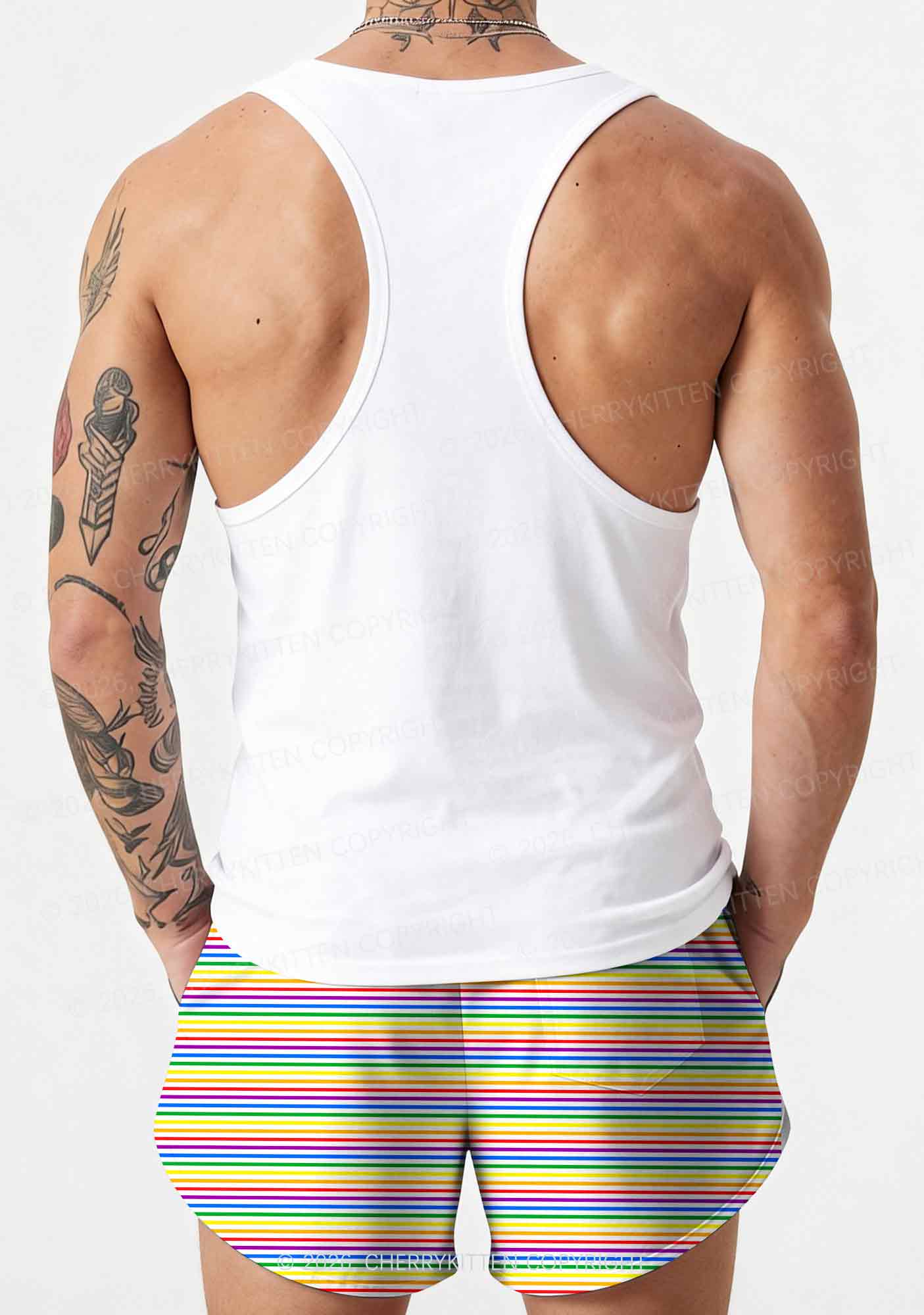 Rainbow Stripes Pride Y2K Print Men Beach Shorts Cherrykitten