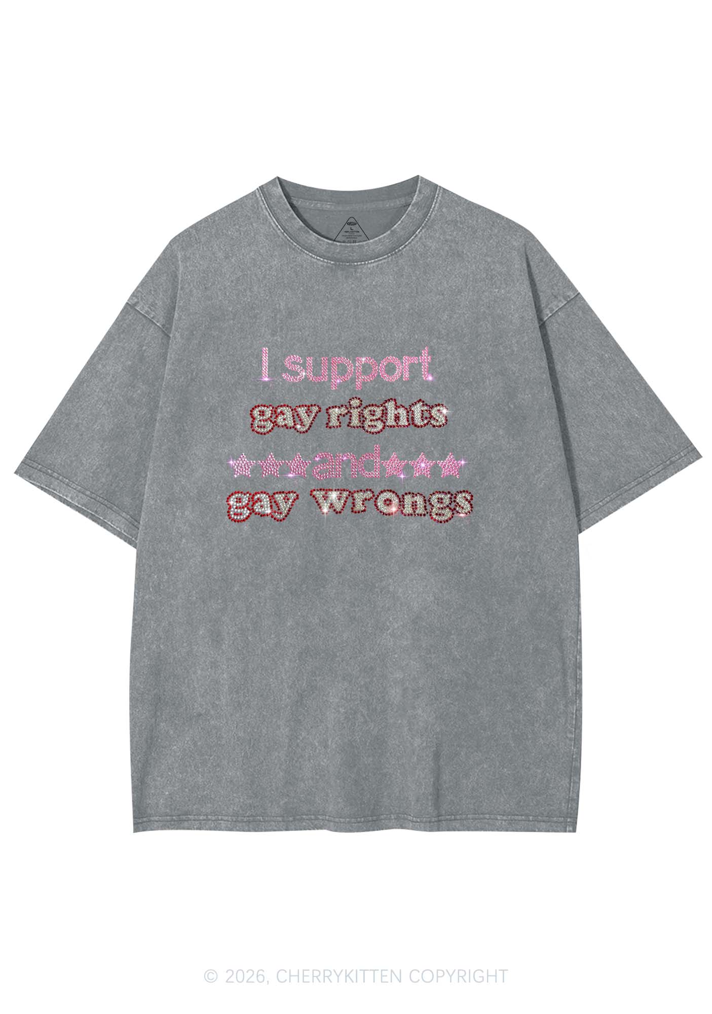 Rhinestone I Support Gay Rights Y2K Shirts Washed Tee Cherrykitten