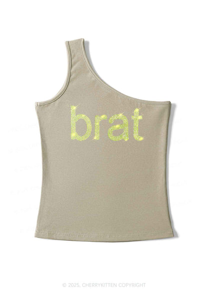Rhinestone Green Brat Y2K One Shoulder Tank Top Cherrykitten