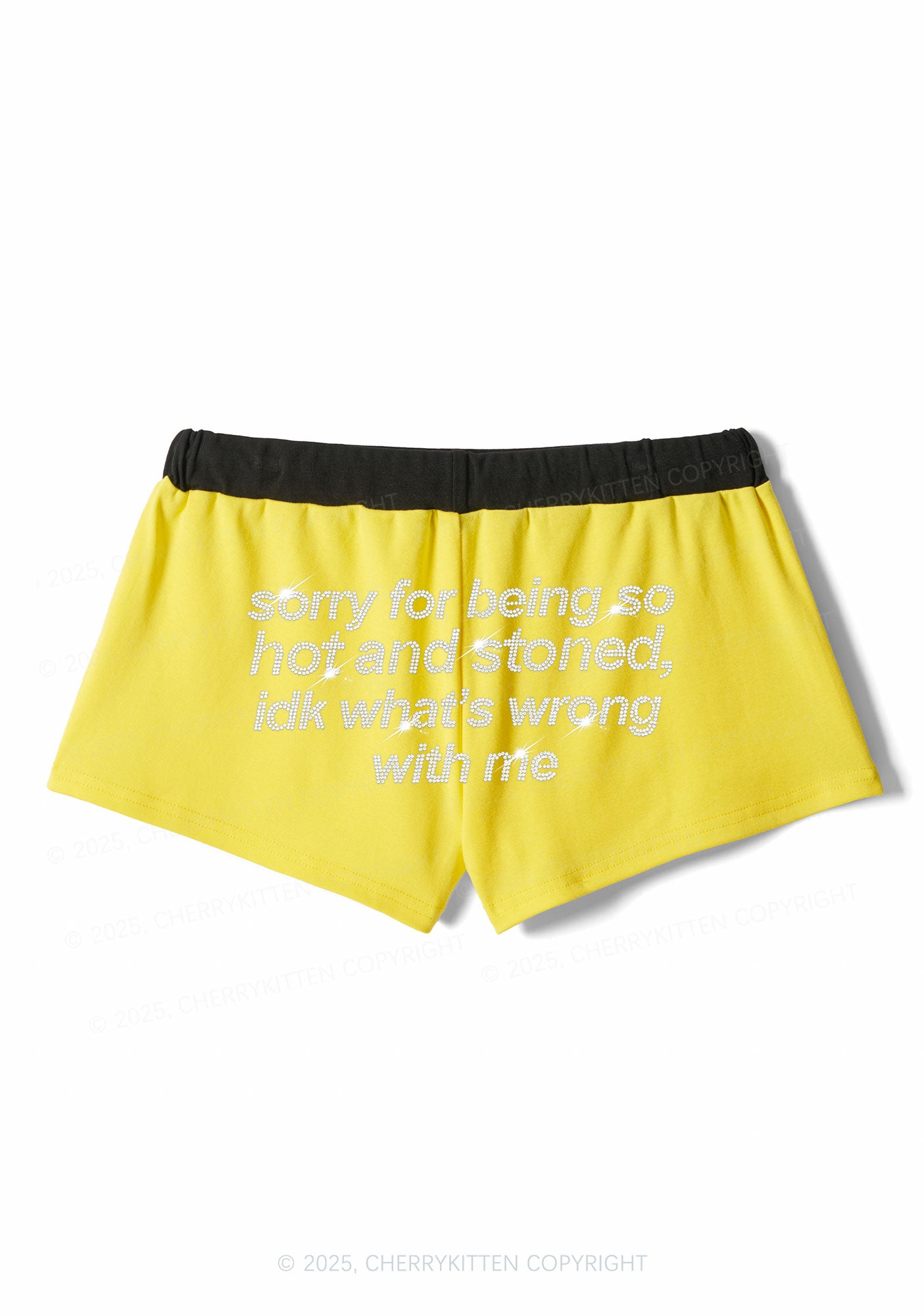 Rhinestone Sorry For Being Hot And Stoned Y2K Drawstring Mini Shorts Cherrykitten