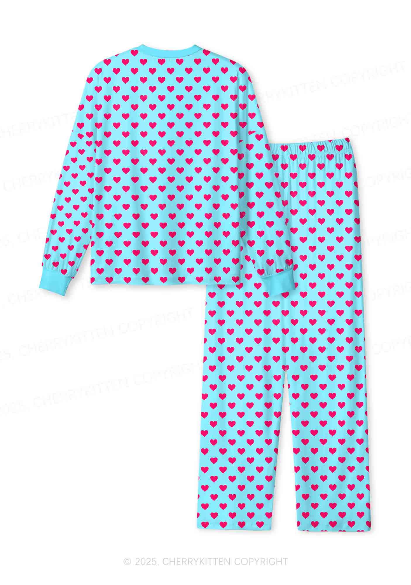 Pink Heart On Blue Valentine's Day Y2K Print Long Sleeve Pajama Set Cherrykitten