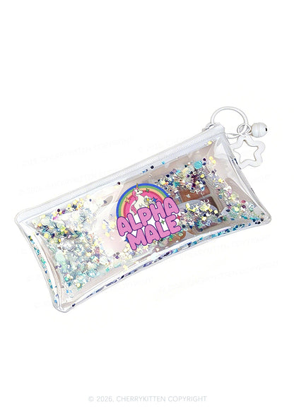 Rainbow Unicorn Alpha Male Y2K Quicksand Transparent Pencil Pouch Cherrykitten