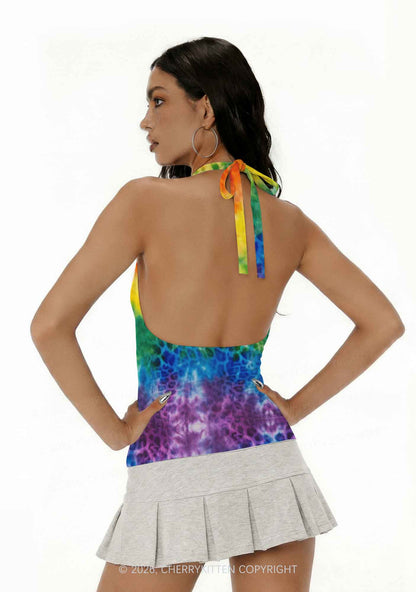 Rainbow Leopard Tie Dye Pride Y2K Print Halter Deep V Neck Cami Cherrykitten