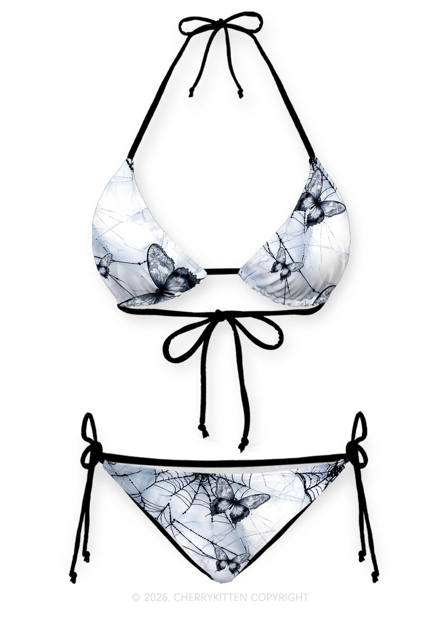 Pale Grey Gothic Butterfly Web Y2K Print Bikini Set Cherrykitten