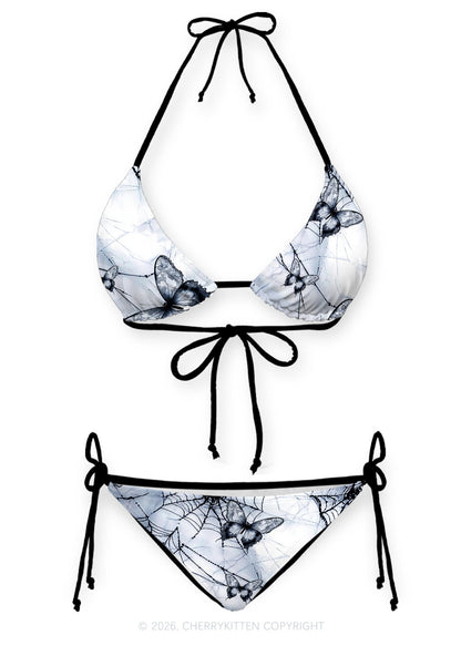 Pale Grey Gothic Butterfly Web Y2K Print Bikini Set Cherrykitten