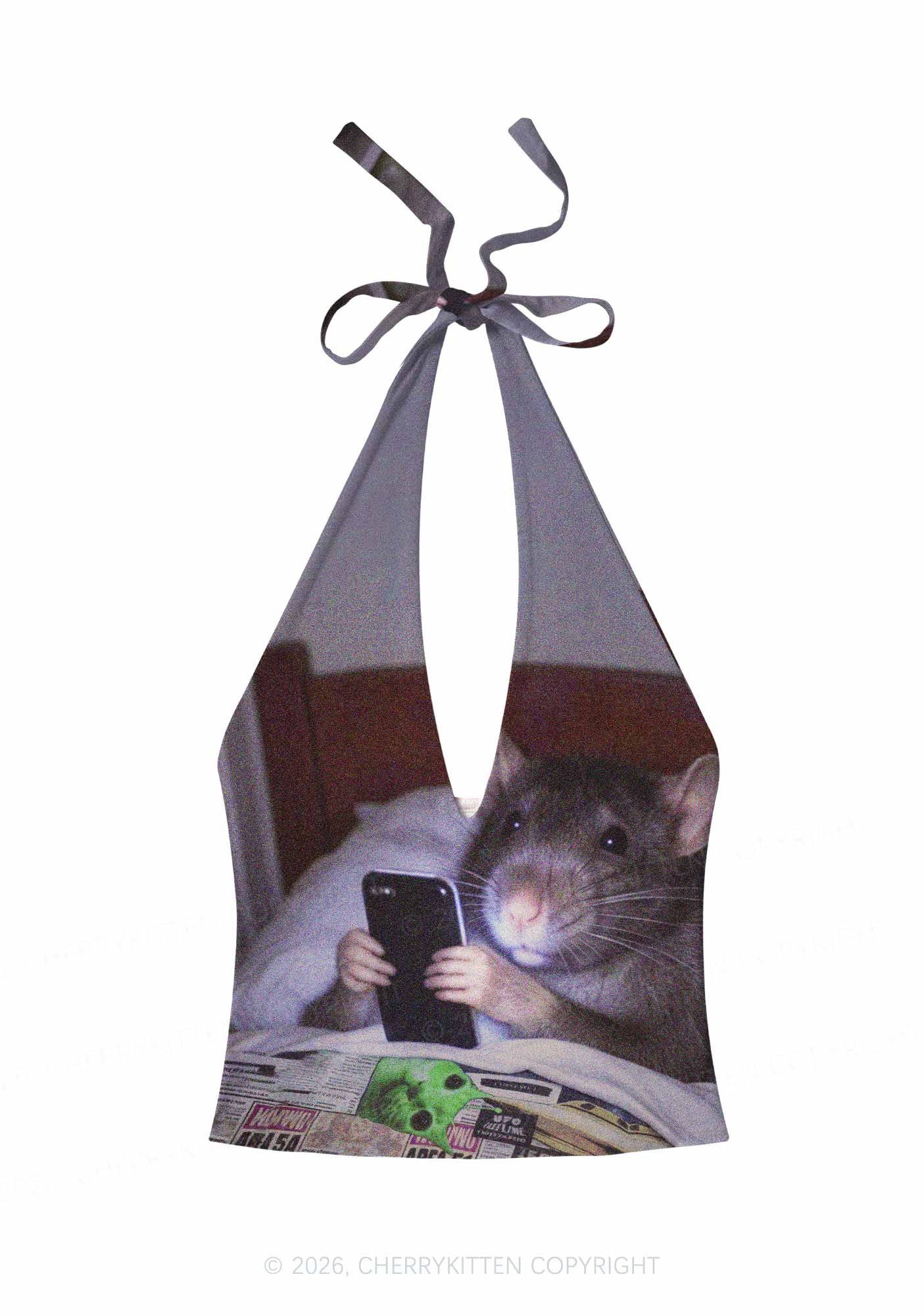 Bed Rat Smartphone Y2K Print Halter Deep V Neck Cami Cherrykitten
