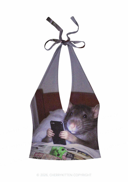 Bed Rat Smartphone Y2K Print Halter Deep V Neck Cami Cherrykitten