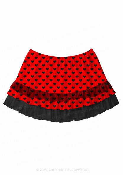 Black Heart On Red Valentine's Day Y2K Print Mini Layered Skirt Cherrykitten