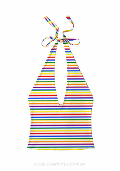 Rainbow Stripes Pride Y2K Print Halter Deep V Neck Cami Cherrykitten