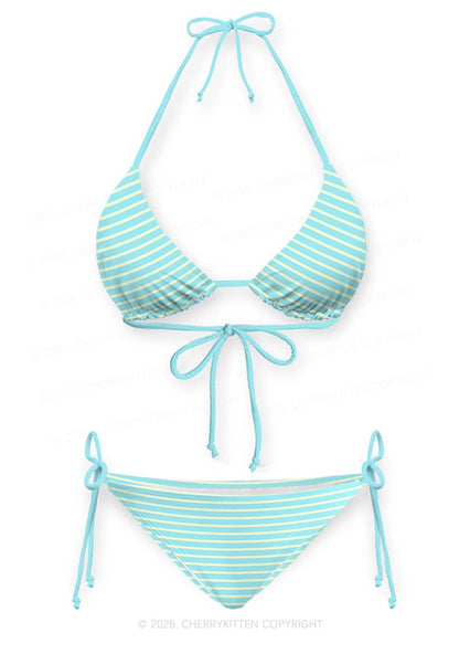 Mint Yellow Stripes Y2K Print Bikini Set Cherrykitten