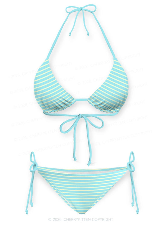 Mint Yellow Stripes Y2K Print Bikini Set Cherrykitten