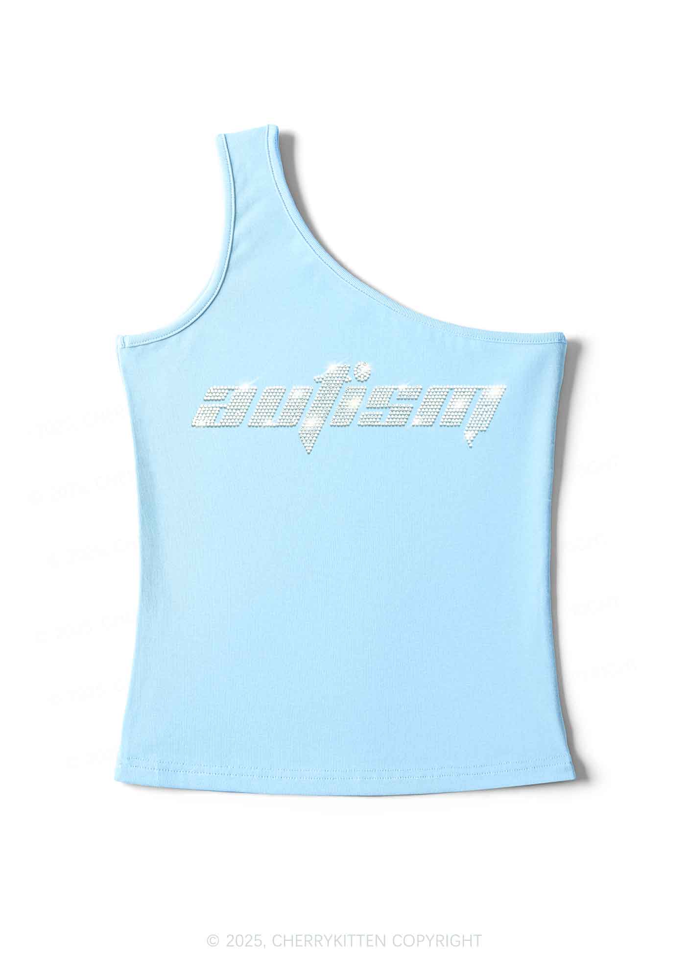 Rhinestone Autism Y2K One Shoulder Tank Top Cherrykitten