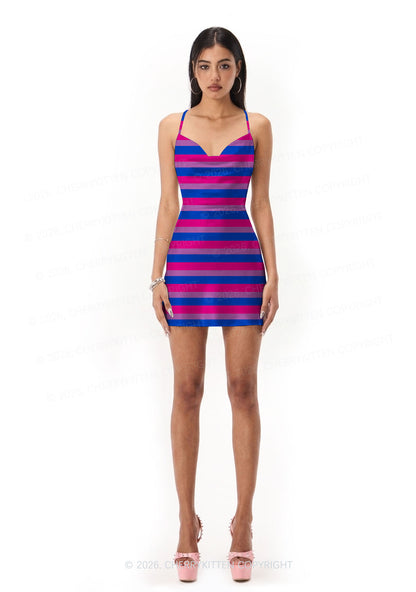 Bisexual Stripes Pride Y2K Print Satin Cowl Neck Slip Dress Cherrykitten