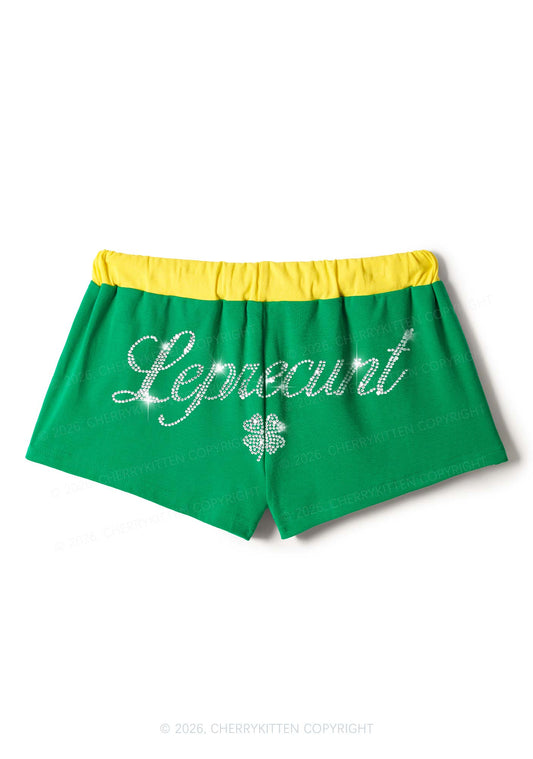 Rhinestone Leprecunt St Patricks Y2K Drawstring Mini Shorts Cherrykitten
