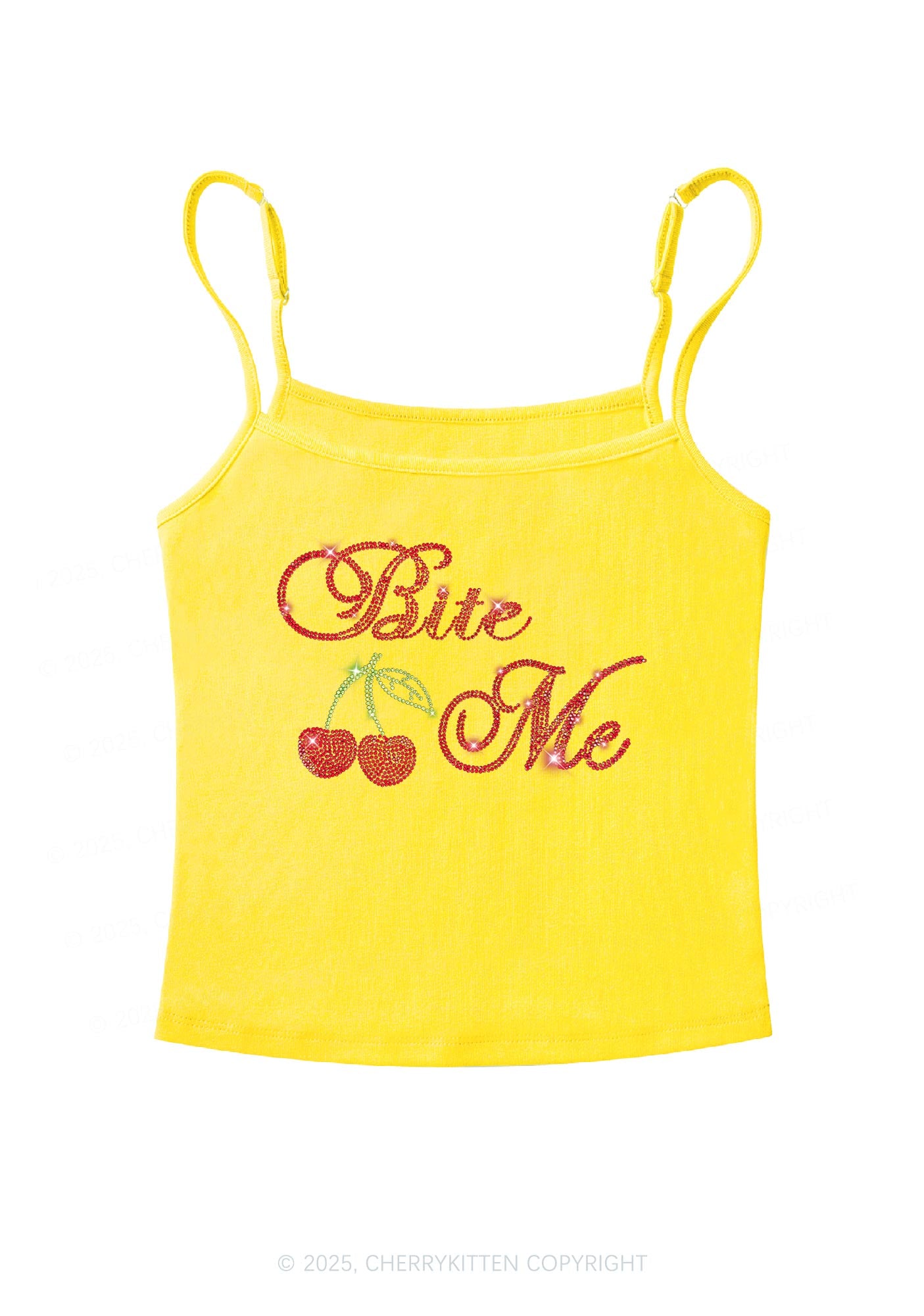 Rhinestone Red Cherry Bite Me Y2K Spaghetti Strap Cami Cherrykitten