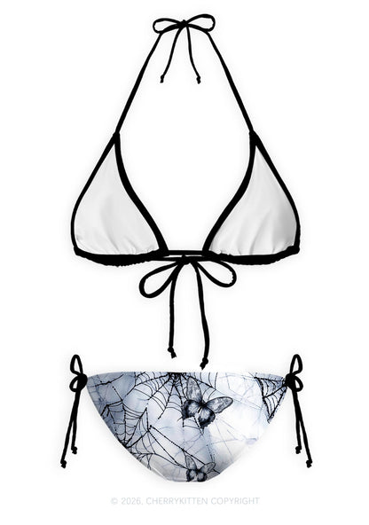 Pale Grey Gothic Butterfly Web Y2K Print Bikini Set Cherrykitten