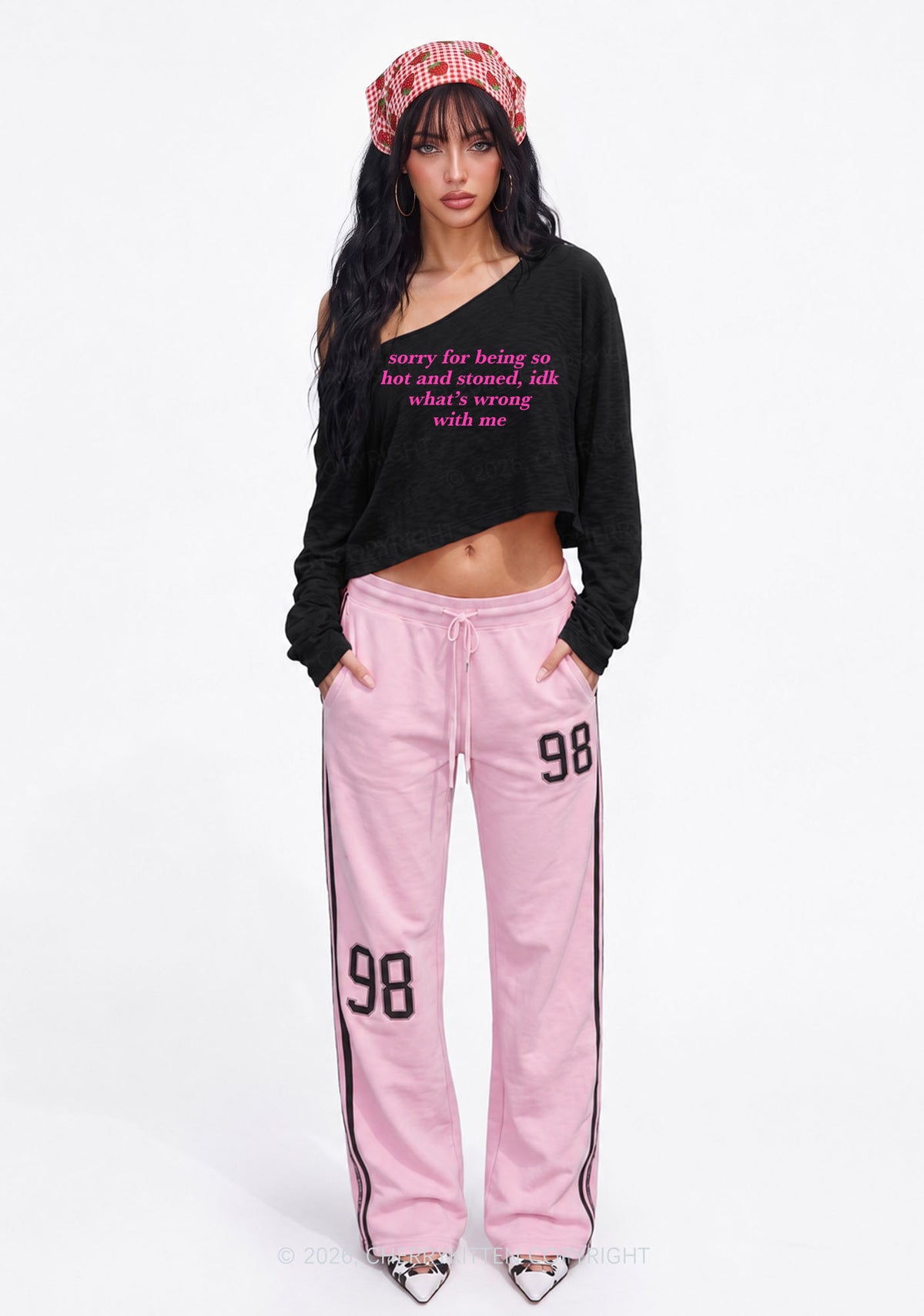 Sorry For Being Hot And Stoned Y2K Off Shoulder Long Sleeve Crop Top Cherrykitten