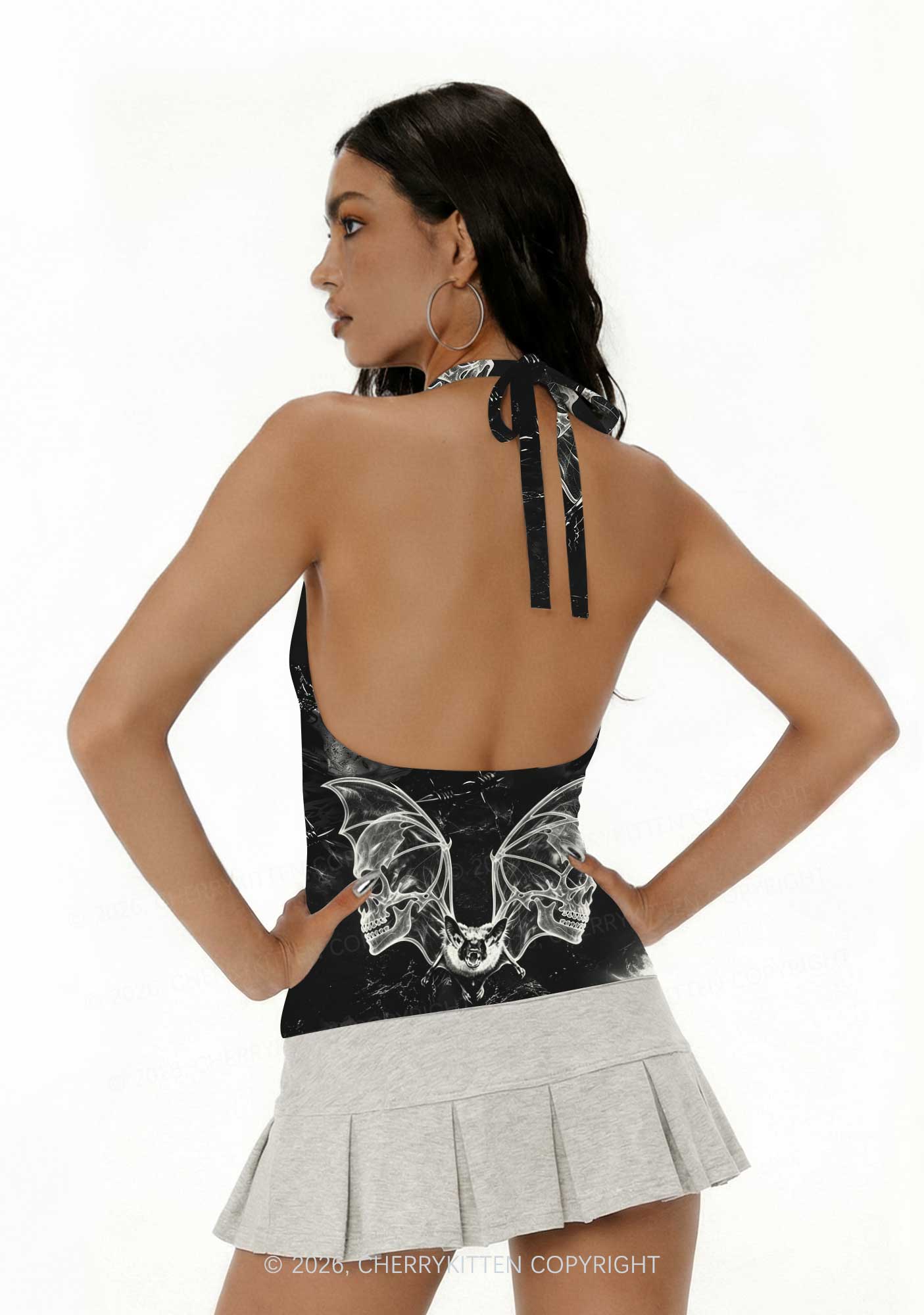 Halloween Bat Skeleton Wings Y2K Print Halter Deep V Neck Cami Cherrykitten