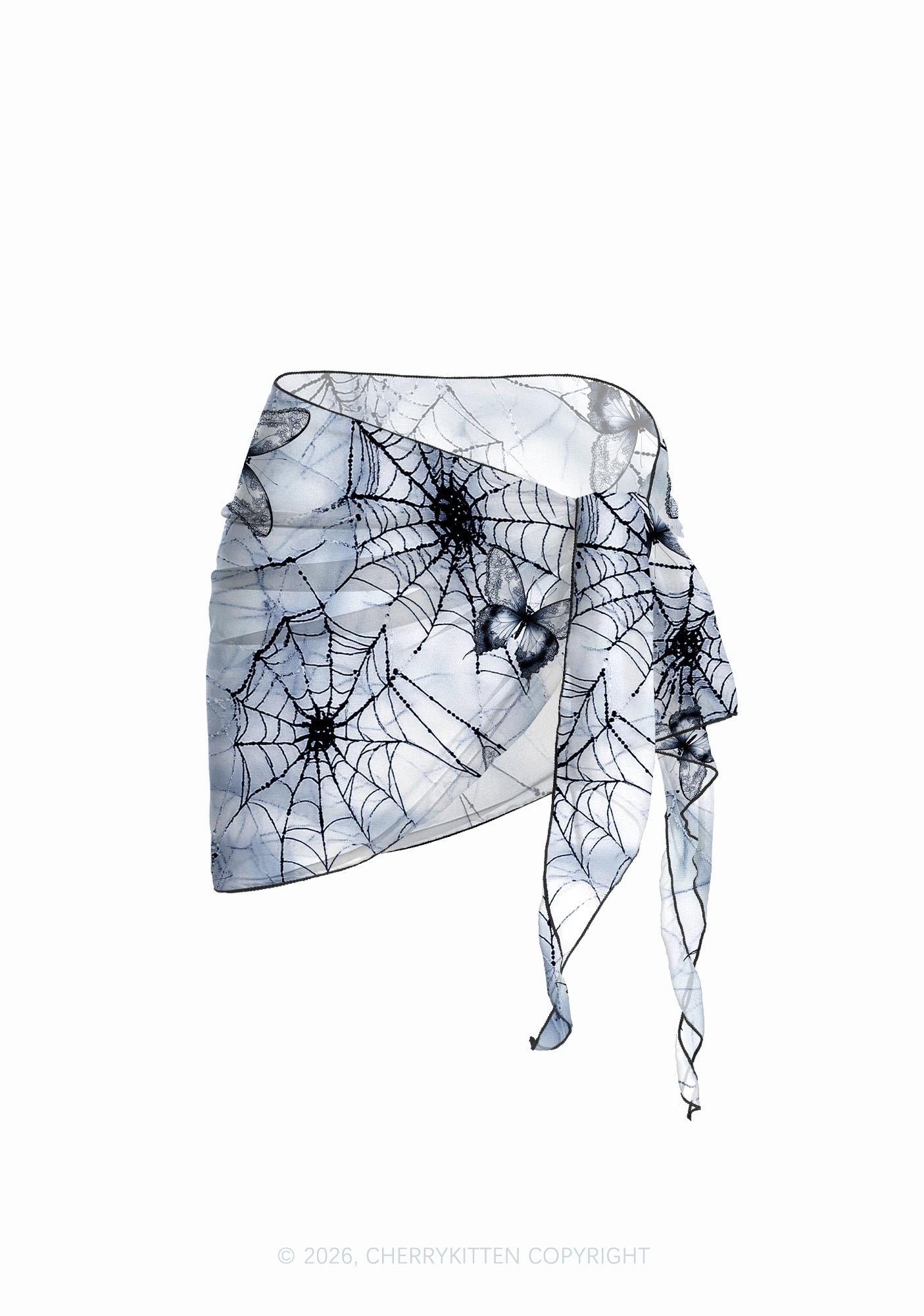 Pale Grey Gothic Butterfly Web Y2K Print Bikini Set Cherrykitten