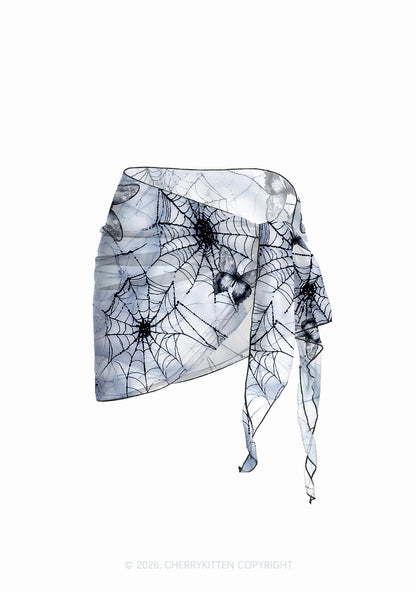 Pale Grey Gothic Butterfly Web Y2K Print Bikini Set Cherrykitten